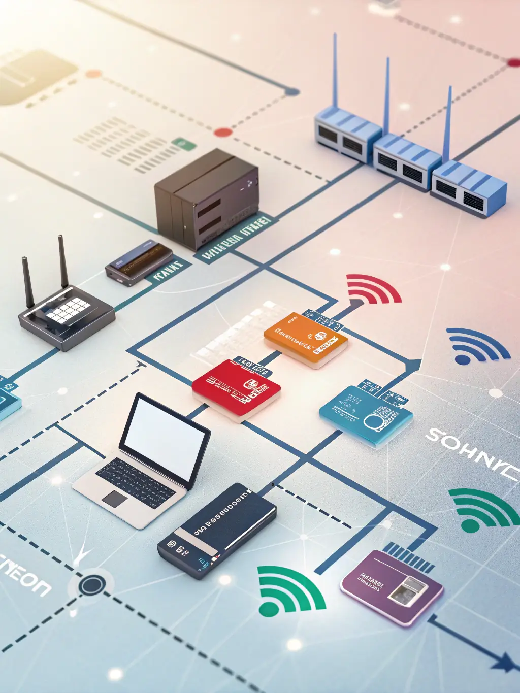 A network diagram showing a secure and efficient network setup for a small business, highlighting connected printers and computers.
