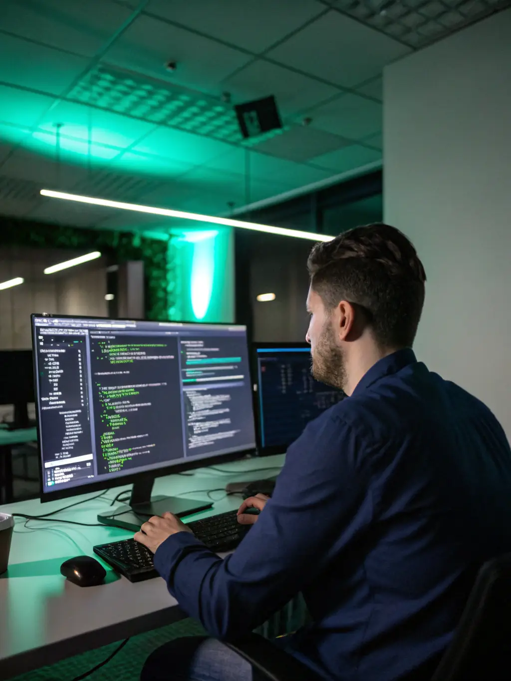 A cybersecurity professional working on a computer, illustrating data protection and threat prevention for a business network.